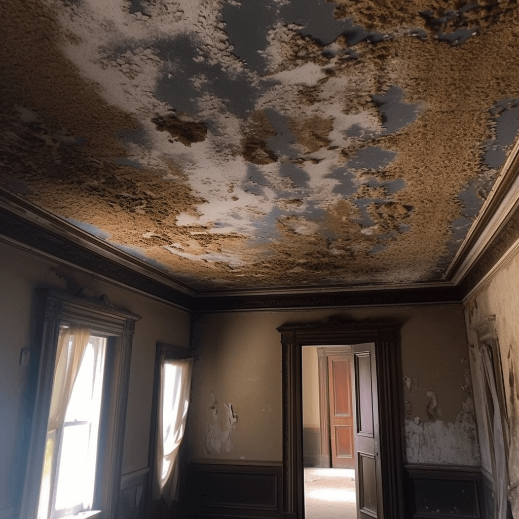 dark watermarks on the ceiling of a house, indicating water damage