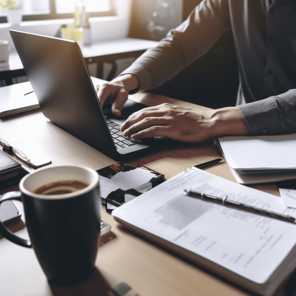 A person working on an office laptop, next to the laptop are some documents, pen, and a coffee mug
