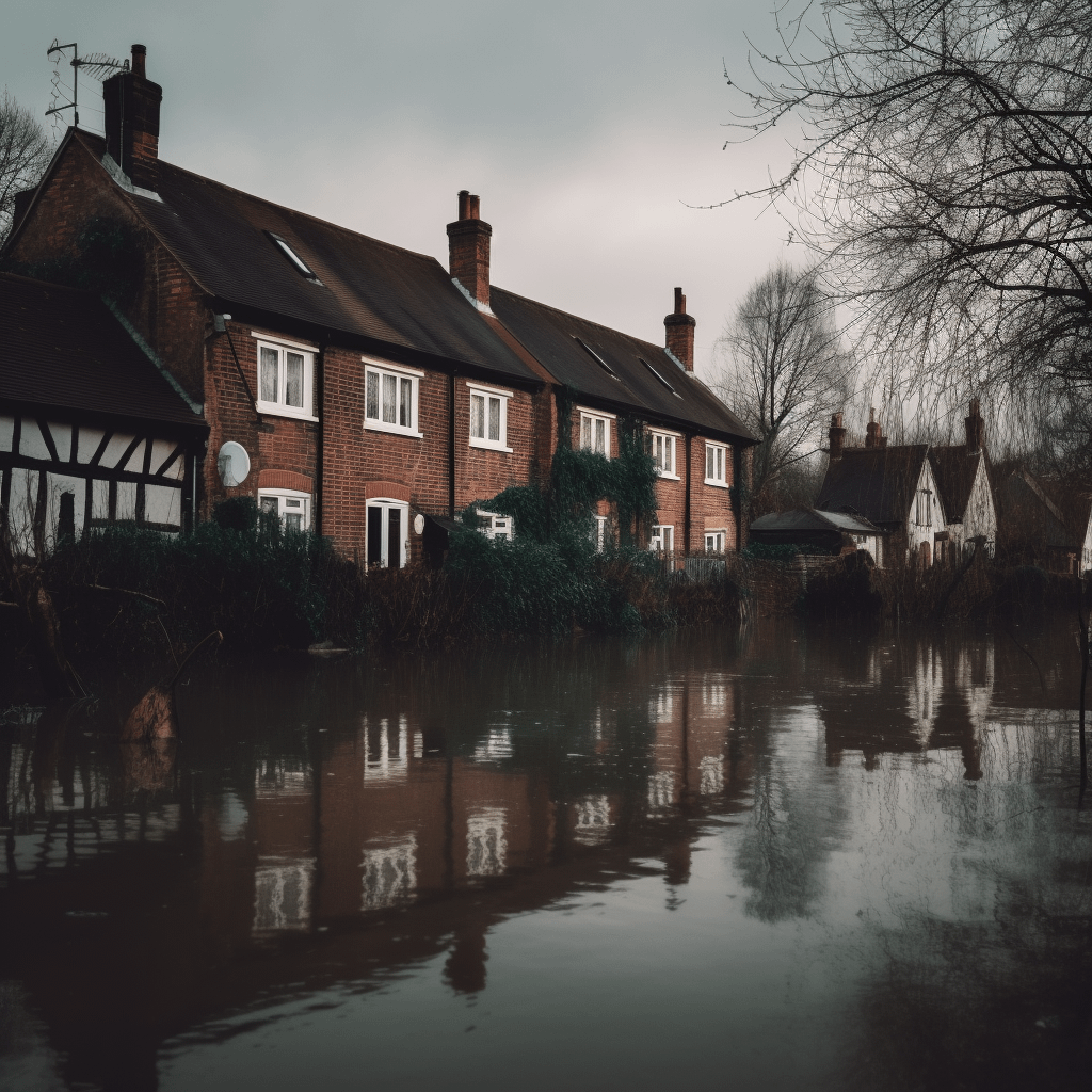 A row of houses surrounded by muddy flooded water