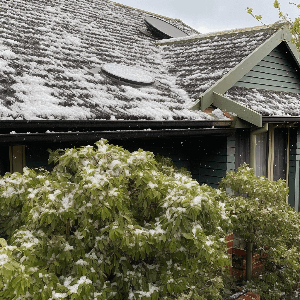 the slanted roof of a house covered in hail