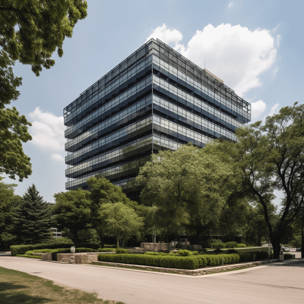 commercial real estate property, surrounded by trees