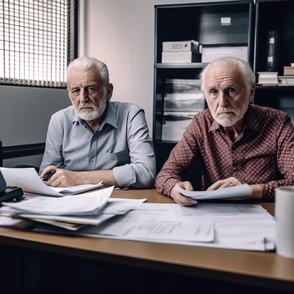 two senior citizens sitting in an office, looking upset