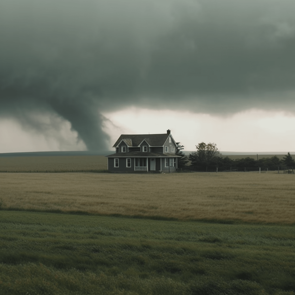 a tornado raging on a field behind a house