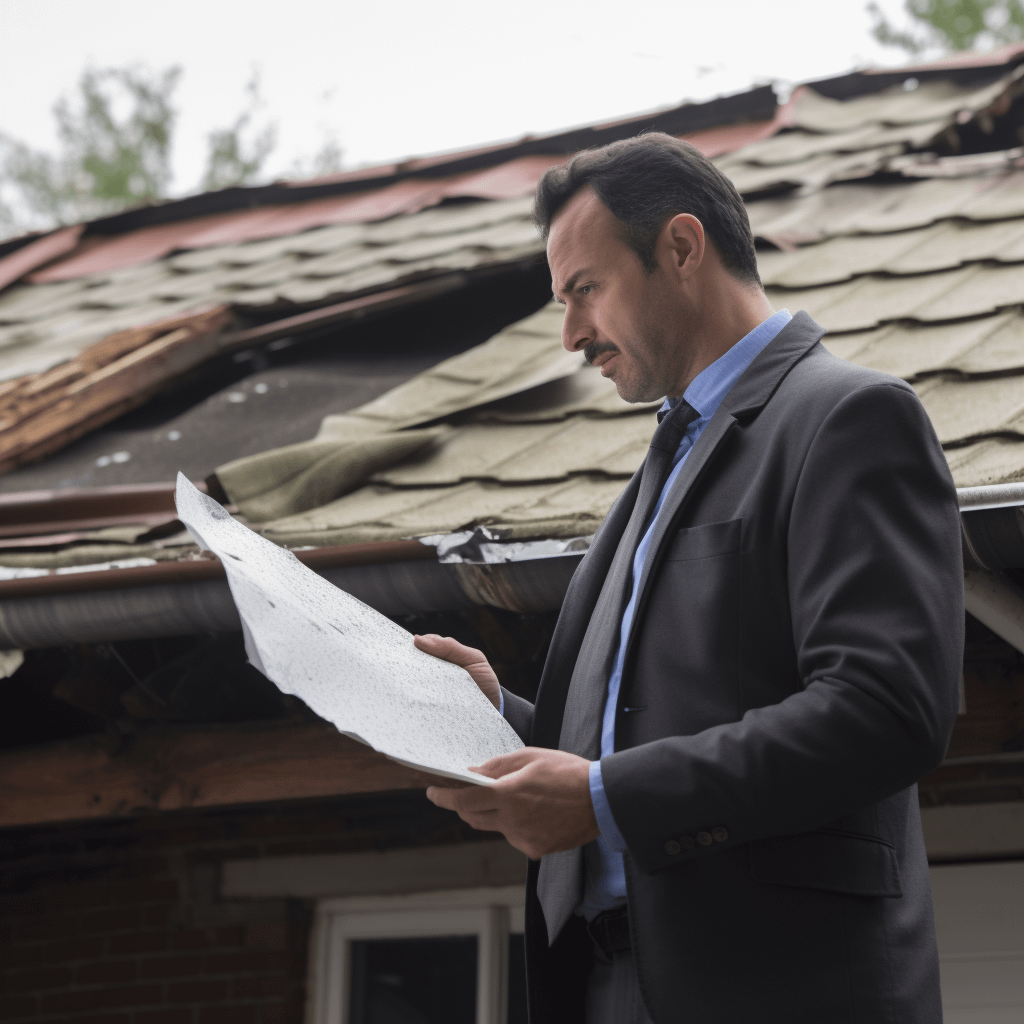 An insurance agent examining a broken roof