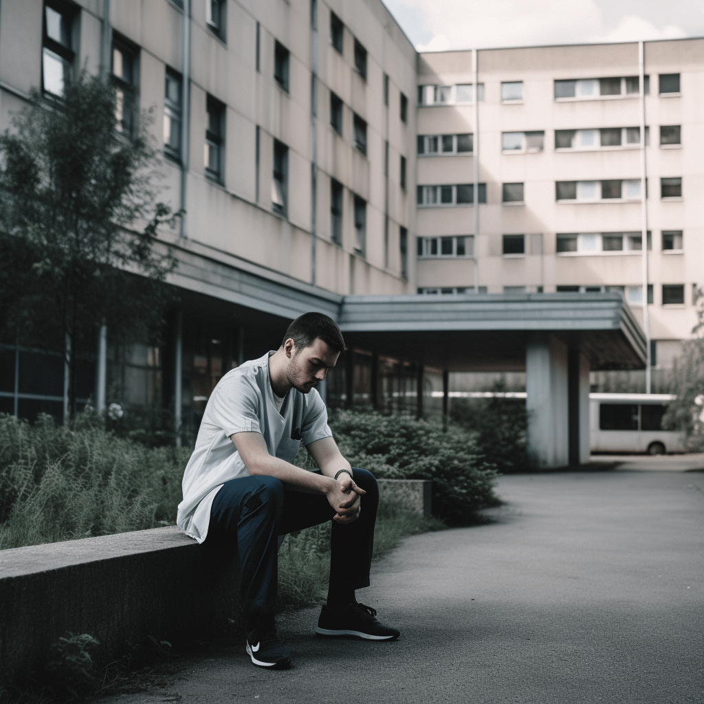 A person sitting outside a hospital, looking upset