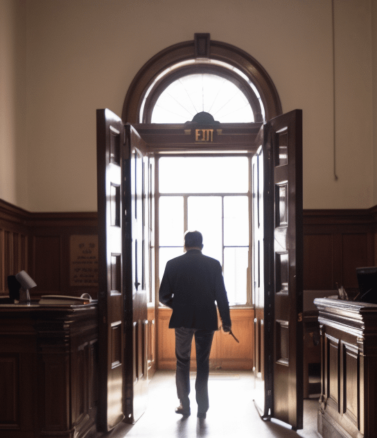 A person heading out somewhere, background of a courtroom
