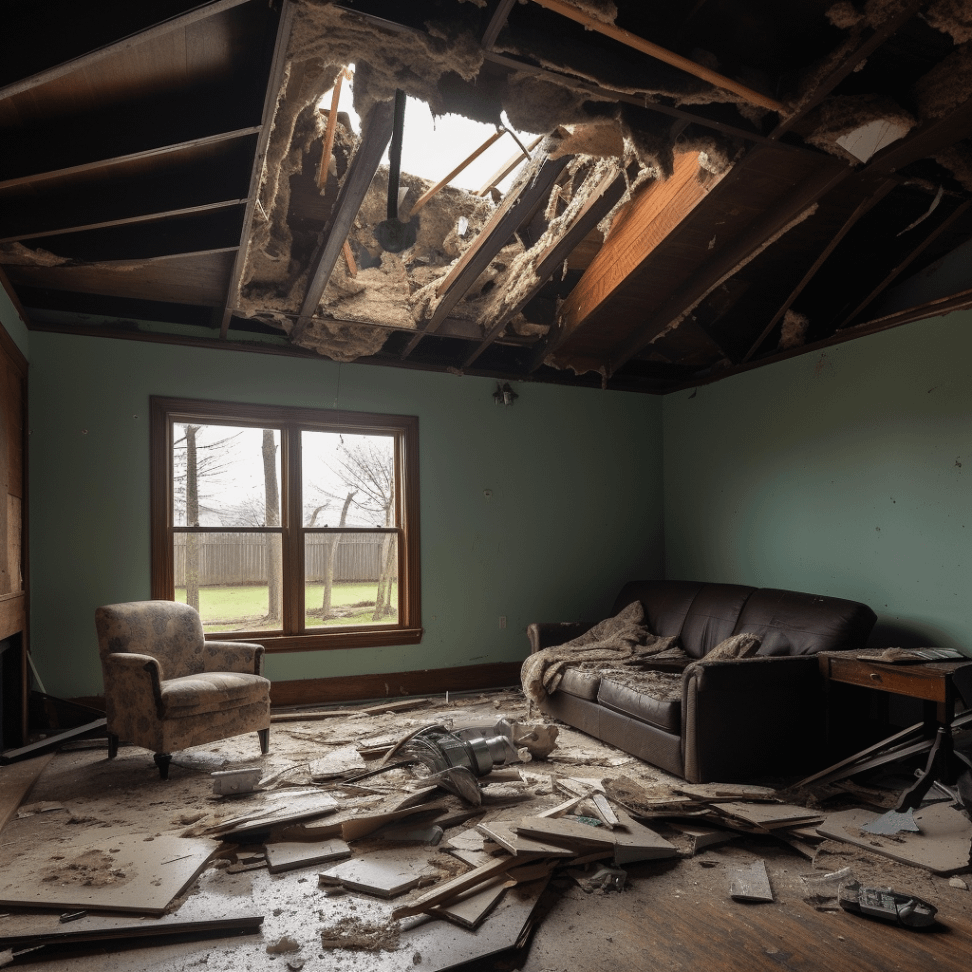 A damaged living room with a broken roof