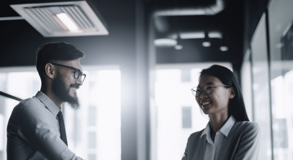 Two people talking and smiling in an office setting