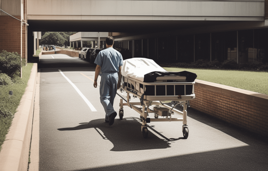 A faraway shot of a person being carried in a stretcher