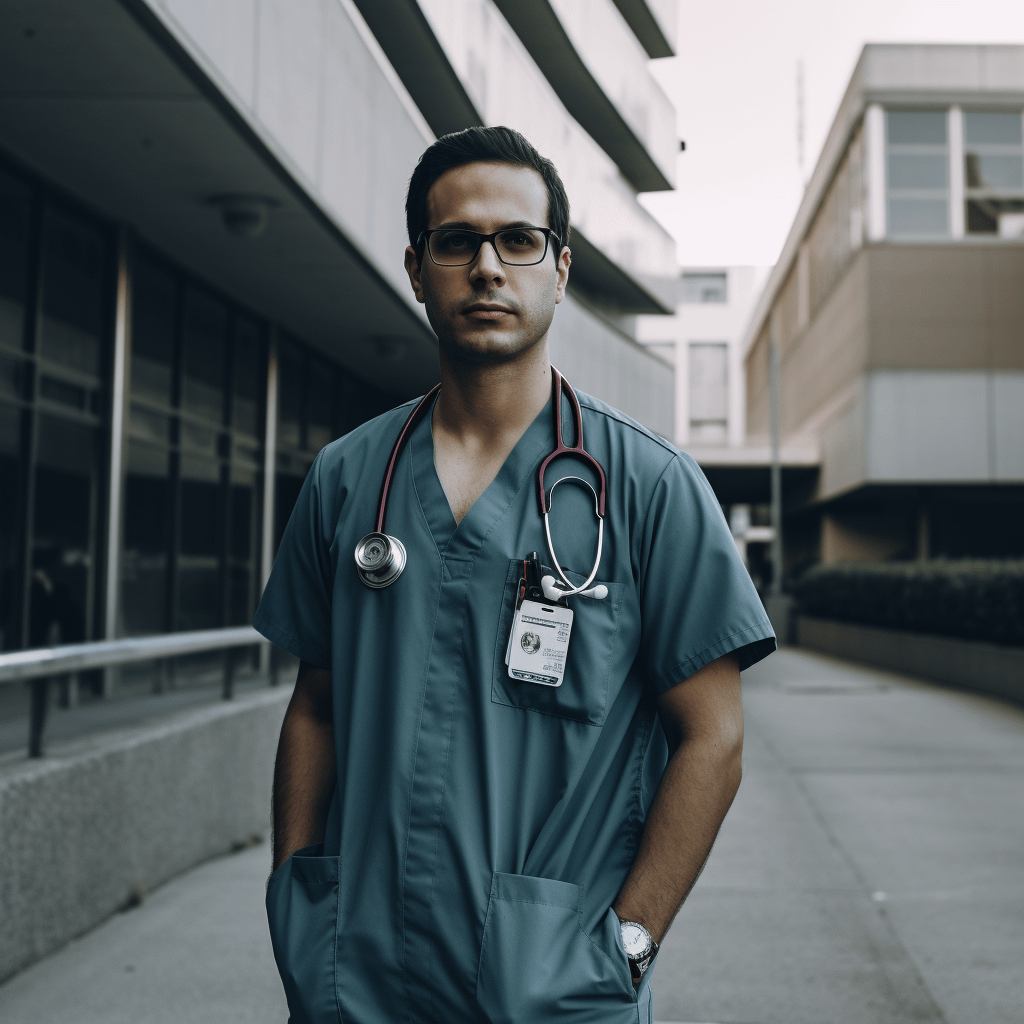 A doctor looking straight ahead; background of the hospital visible