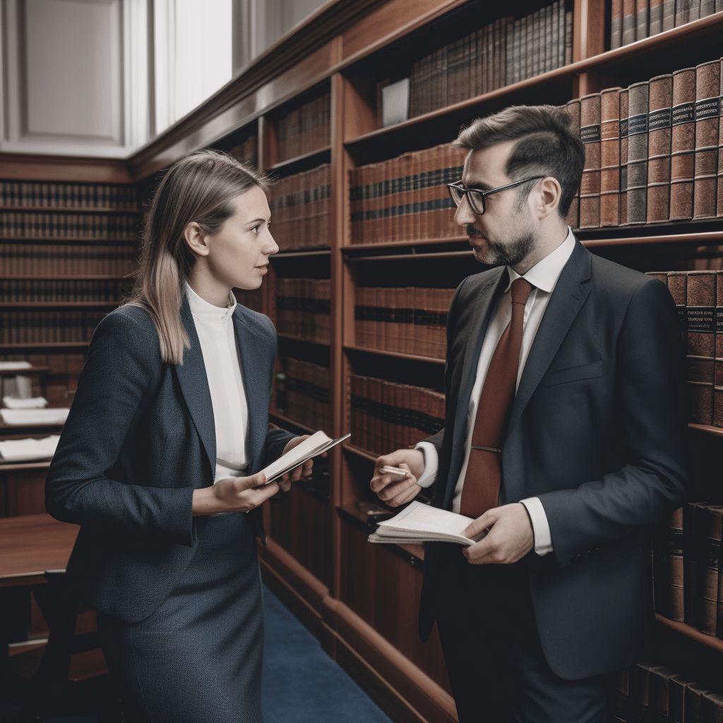 Two lawyers talking in a library